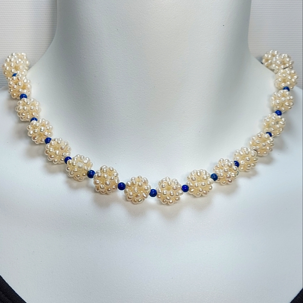 Vintage Freshwater Pearl Seed Bead Ivory Blue Necklace